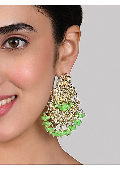 Fida Ethnic Gold Plated Green beads Filigree Chandbali Earrings For Women