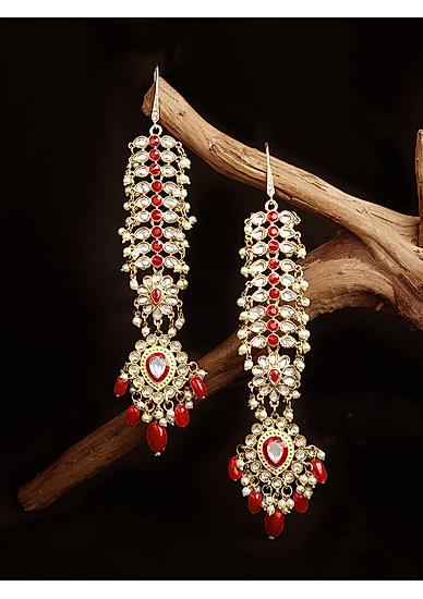 Fida Gold Plated Red Stone studded  Earrings with Ear Chain For Women