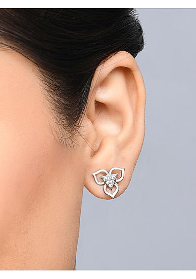 Fida Luxurious Silver Plated American Diamond Floral Stud Earrings for Women