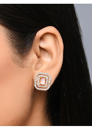 Toniq Luxurious Gold Plated American Diamond & Pink Stone Studded Geometric Stud Earring for Women