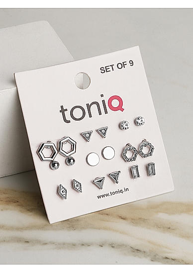 Toniq Silver Plated Geometric Set Of 9 Stud Earring  Combo For Women