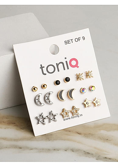 Toniq Gold Plated Star Moon Set Of 9 Stud Earring Combo For Women