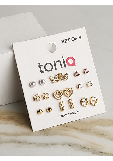 Toniq Gold Plated Set Of 9 Stud Earring Combo For Women