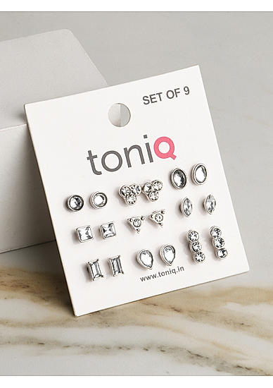 Toniq Silver Plated Stud Earring Set Of 9 Combo For Women