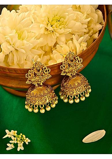 Fida Gold Plated Lakshmi Embossed Temple Jhumka Earring with Pearl For Women