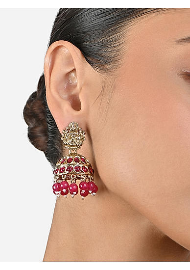 Fida Gold Plated Lakshmi Embossed FuschiaTemple Jhumka Earring  For Women