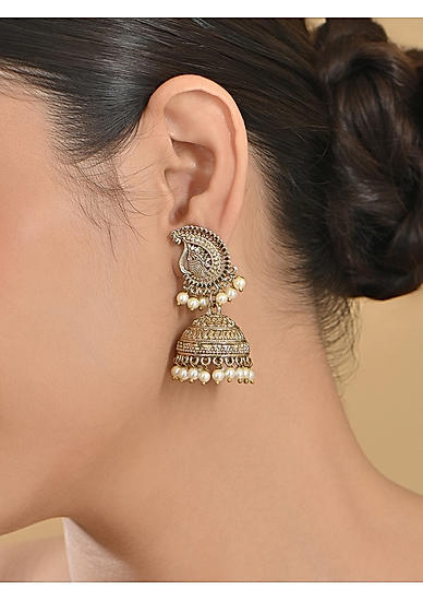 Fida White Ethnic Paisley Peacock Pearl Temple Women Jhumki Earrings