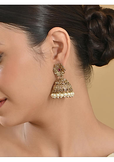 Fida Pink & White Ethnic Floral Pearl Temple Women Jhumki Earrings