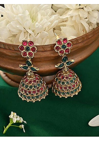 Fida Gold Plated Red & Gren Floral Temple Jhumka Earring  For Women