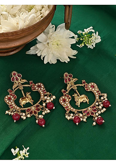 Fida Traditional Gold Plated Holy Cow Drop Earrings with Pink Beads For Women