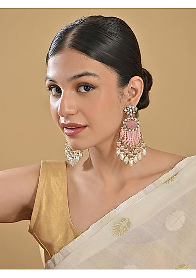 Fida Baby Pink & White Traditional Wedding Pearl Kundan Women Dangler Earrings