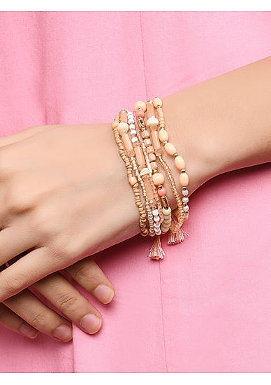 Toniq Gold Plated Peach beaded Set of 7 Elasticized Bracelet for Women