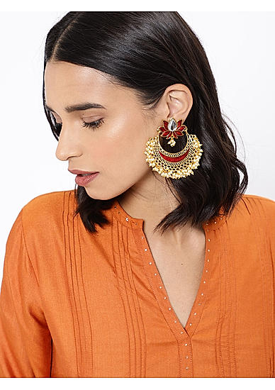 Gold Tone and Red Lotus Floral Chanbali Earring For Women