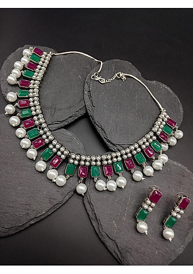 Ruby Emerald Pearls Silver Plated Jewellery Set 