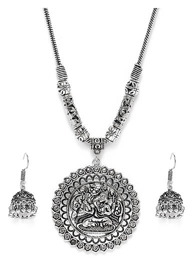 Women Silver-Toned Oxidised Ganesh Necklace and Earring Set