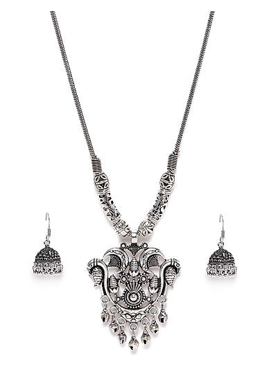 Ghungroo Silver Plated Oxidised Necklace & Earring Set