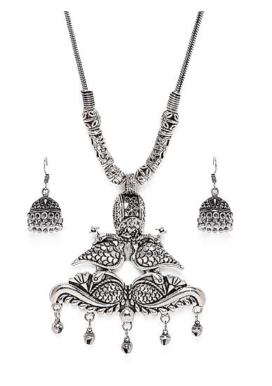 Ghungroo Silver Plated Oxidised Peacock Jewellery Set