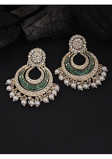 Fida Ethnic Traditional Wedding Gold & Dark Green Kundan Pearl Drop Chandbali Earrings For Women