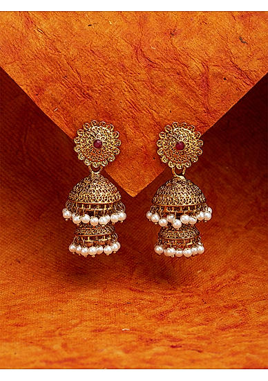 White Pearls Gold Plated Temple Layered Jhmuka Earrings