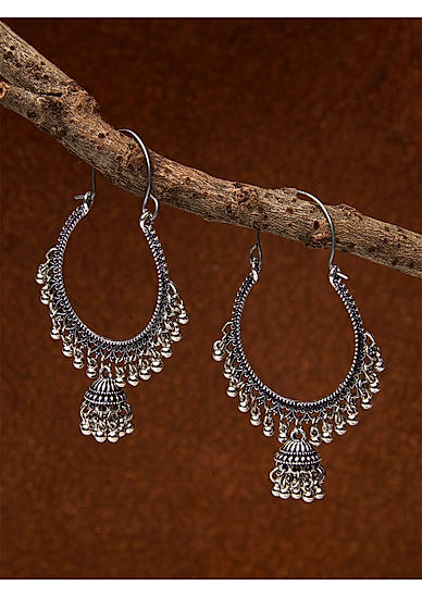 Ghungroo Silver Plated Oxidised Oversized Hoop Jhumka Earring