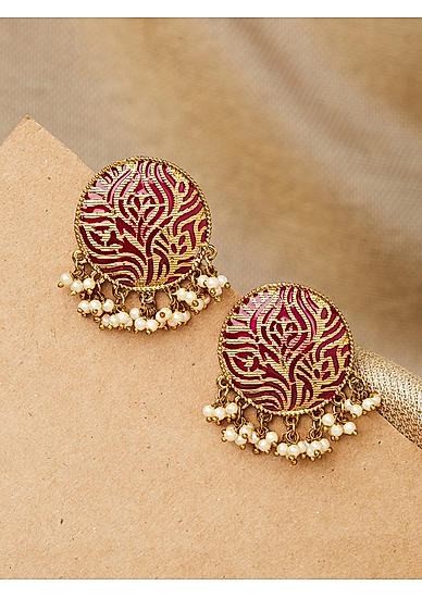 White Beads Pink Enamelled Gold Plated Textured Spherical Stud Earring