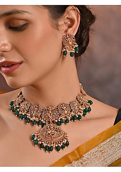 Fida Ethnic Pearl Temple Laxmiji Gold Plated Green Bib Necklace with Earrings jewellery Set for Women