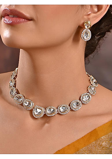 Fida Ethnic Silver Plated CZ Stone Choker Necklace with Earrings jewellery Set for Women