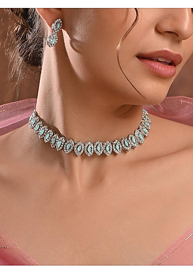 Fida Modern Aqua Blue Silver American Diamond Jewellery Set Women