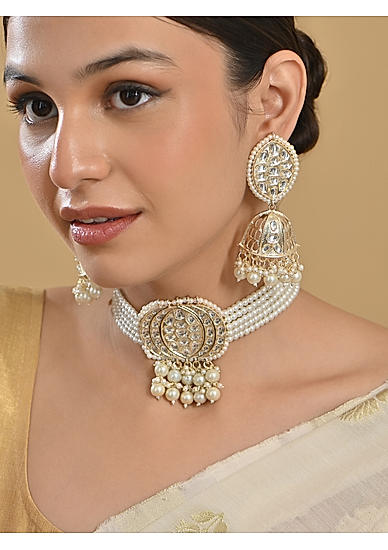 Fida Wedding Dulhan Gold & White Pearl Kundan Choker Necklace with Jhumki Earrings Women Jewellery Set