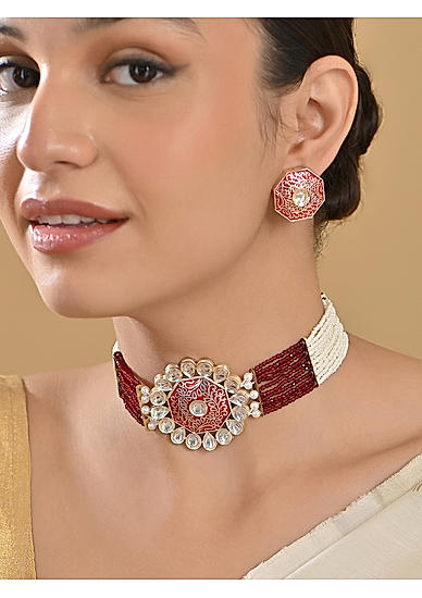 Fida Dulhan Red & White Kundan Pearl Wedding Choker Necklace with Stud Earrings Women Jewellery Set