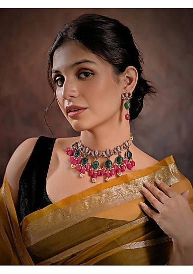 Fida Ethnic Multicolor Gold Plated Pearl Choker Necklace with Earrings jewellery Set for Women