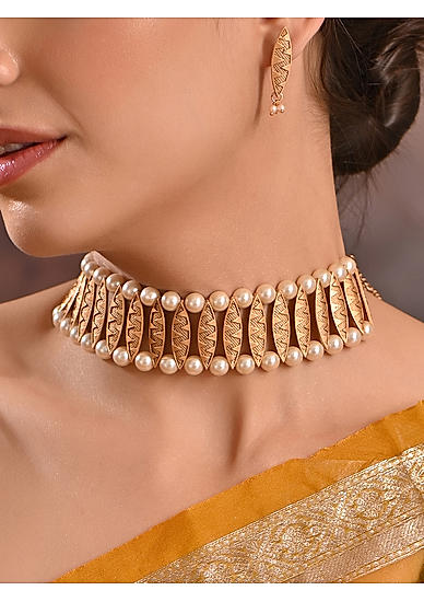 Fida Ethnic Gold Plated Pearl Choker Necklace with Earrings jewellery Set for Women