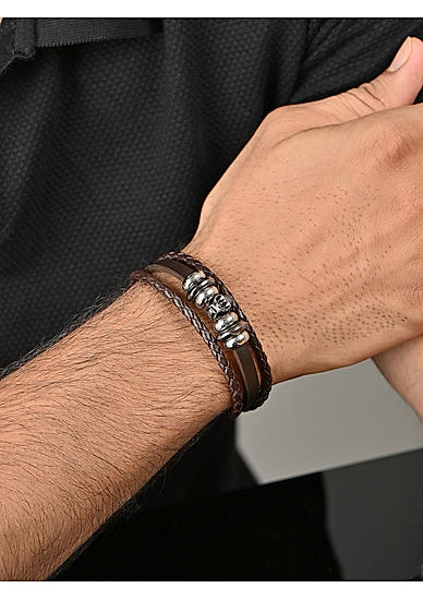 The Bro Code Brown Skull Single Faux Leather Bracelet For Men