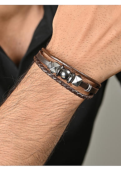 The Bro Code Brown Geometric single Layered Faux Leather Bracelet for Men