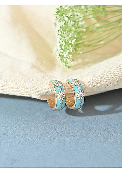 Toniq Turquoise Blue Gold Plated Floral Enamel Hoop Earrings for Women