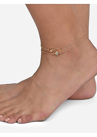 Toniq Gold Plated Blue Floral Set of 2 Anklet for Women 