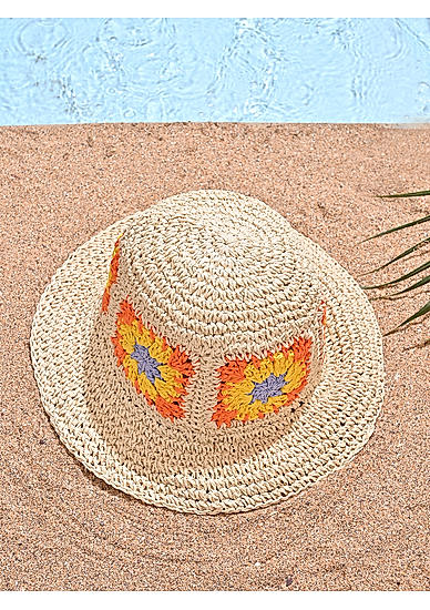 Women Beige Woven Straw Floral Summer Beach Hat