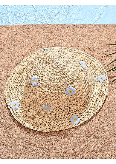Women Woven Beige Straw with Blue Floral Summer Beach Hat