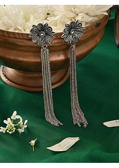 Fida Silver Plated Floral Tassel Drop Earring For Women