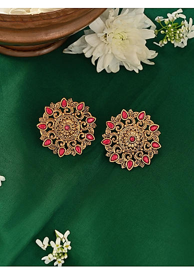 Fida Gold Plated Pink Stone Studded Over sized Floral Stud Earring For Women