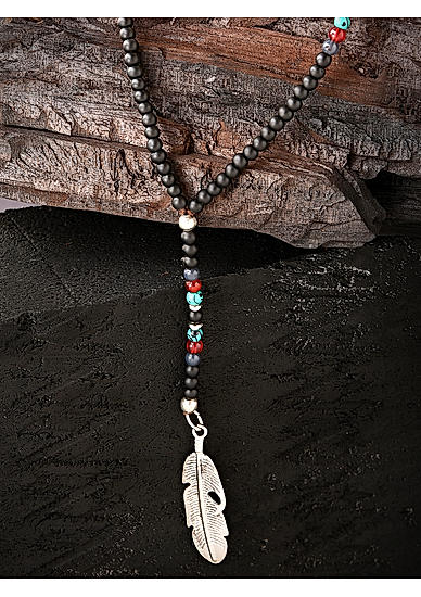 The Bro Code Black Beaded Feather Charm Necklace For Men
