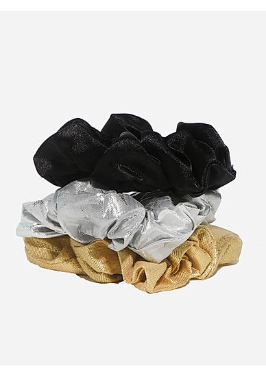 Set Of 3 Gold, Silver & Black Glitter Scrunchies Rubber Band