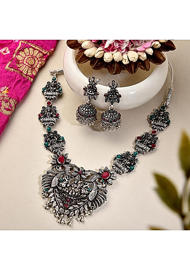 Ruby Emrald Silver Plated Oxidised Goddess Lakshmi Temple Jewellery Set