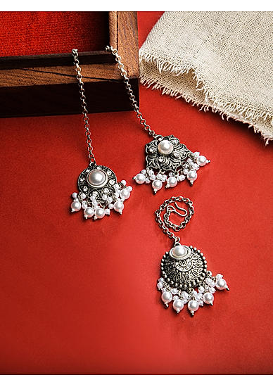 Fida Ethnic Set of 3 Oxidised Silver Plated Pearl Detail Floral Maang Tikka for Women