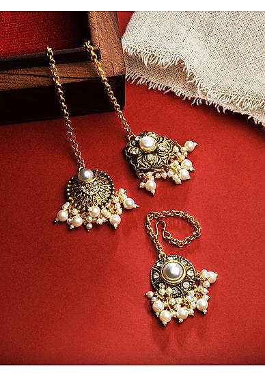 Fida Ethnic Set of 3 Oxidised Gold Plated Pearl Detail Floral Maang Tikka for Women
