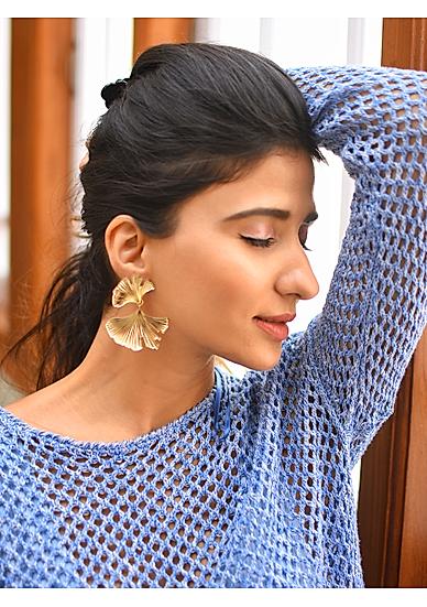 Gold Plated Floral Contemporaray  Drop Earring
