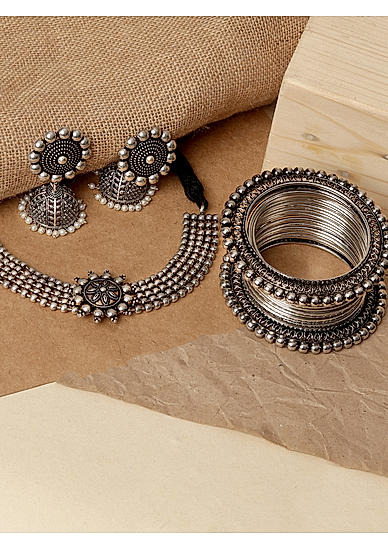 Silver Plated Oxidised Necklace, Earrings Set & Bangles 