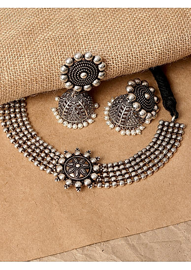 Metal Beaded Silver Plated Oxidised Floral Jewelelry Set