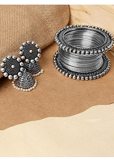 Set of 10 Silver Plated Oxidised Bangles & Beaded Jhumka Earring 