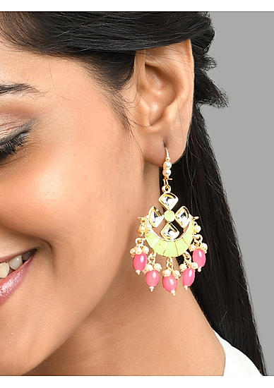 Pastel Mint Green Pink  Kundan Pearls Gold Plated Chandbali Earring